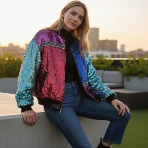Vintage Dark Blue, Light Blue, Fuchsia, and Red Sequin Bomber Jacket | Circa 198